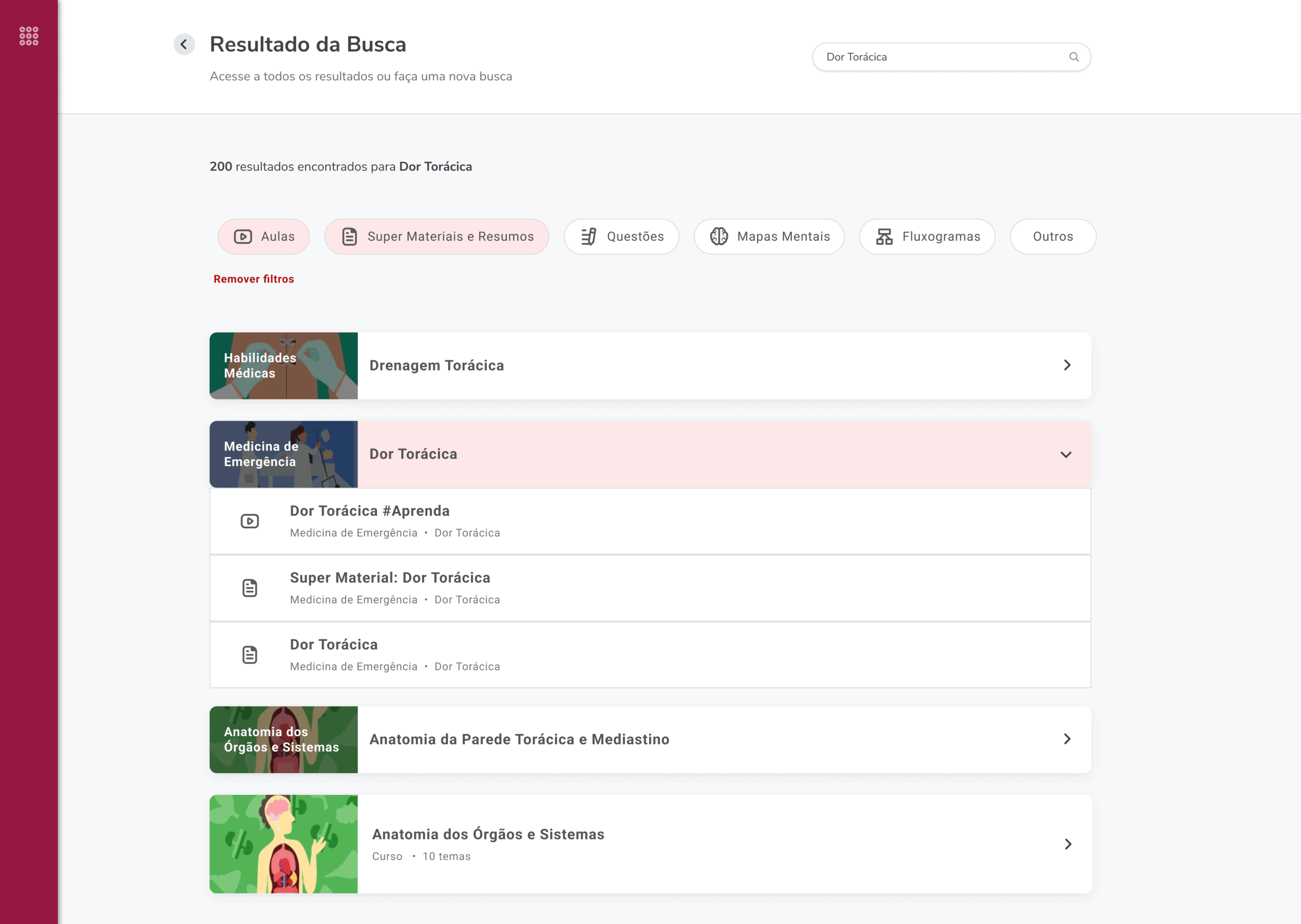 Search results interface of an educational platform showing grouped medical content, expandable topic components, and filtering options to improve content discovery and reduce cognitive load.
