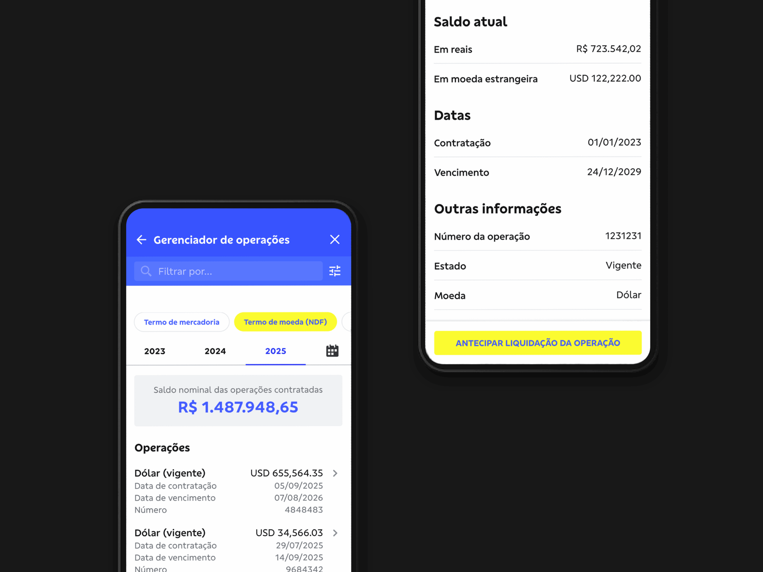 Mobile app interface mockups displaying derivatives operations and detailed views, illustrating UX design for complex financial products.