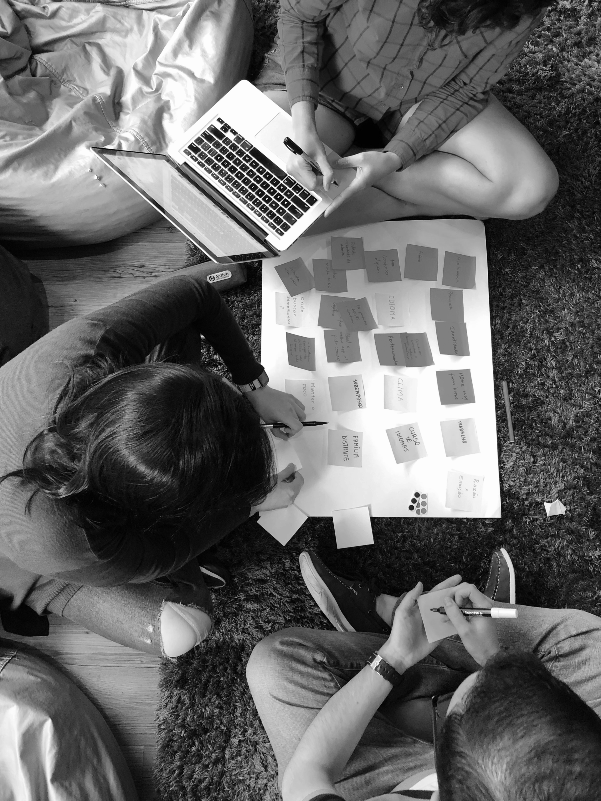 Team collaborating on a UX workshop, organizing research insights and post-it notes on the floor