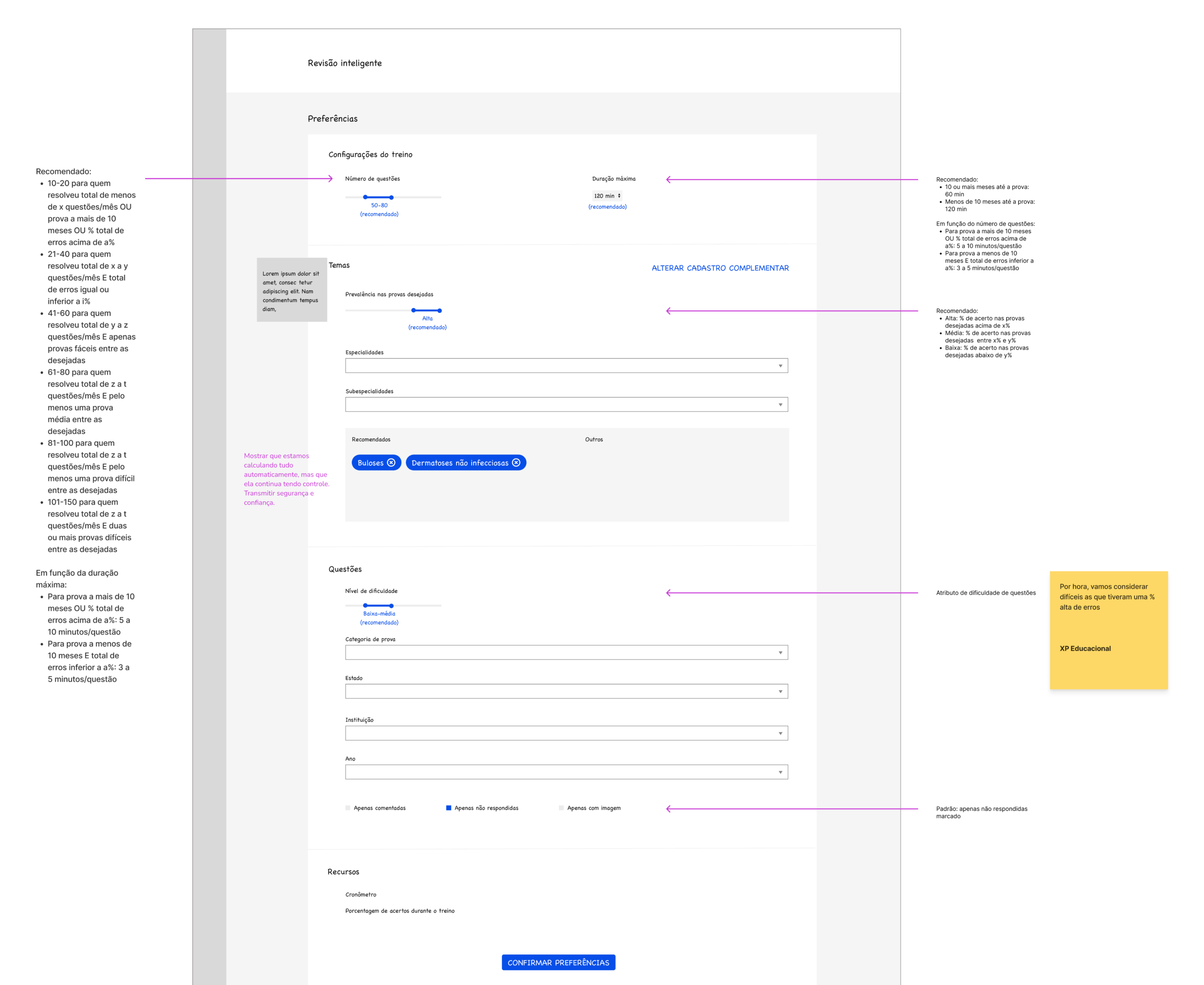 Mid-fidelity prototype detailing feature rules, user preferences, business logic, and potential risks for an adaptive training system.