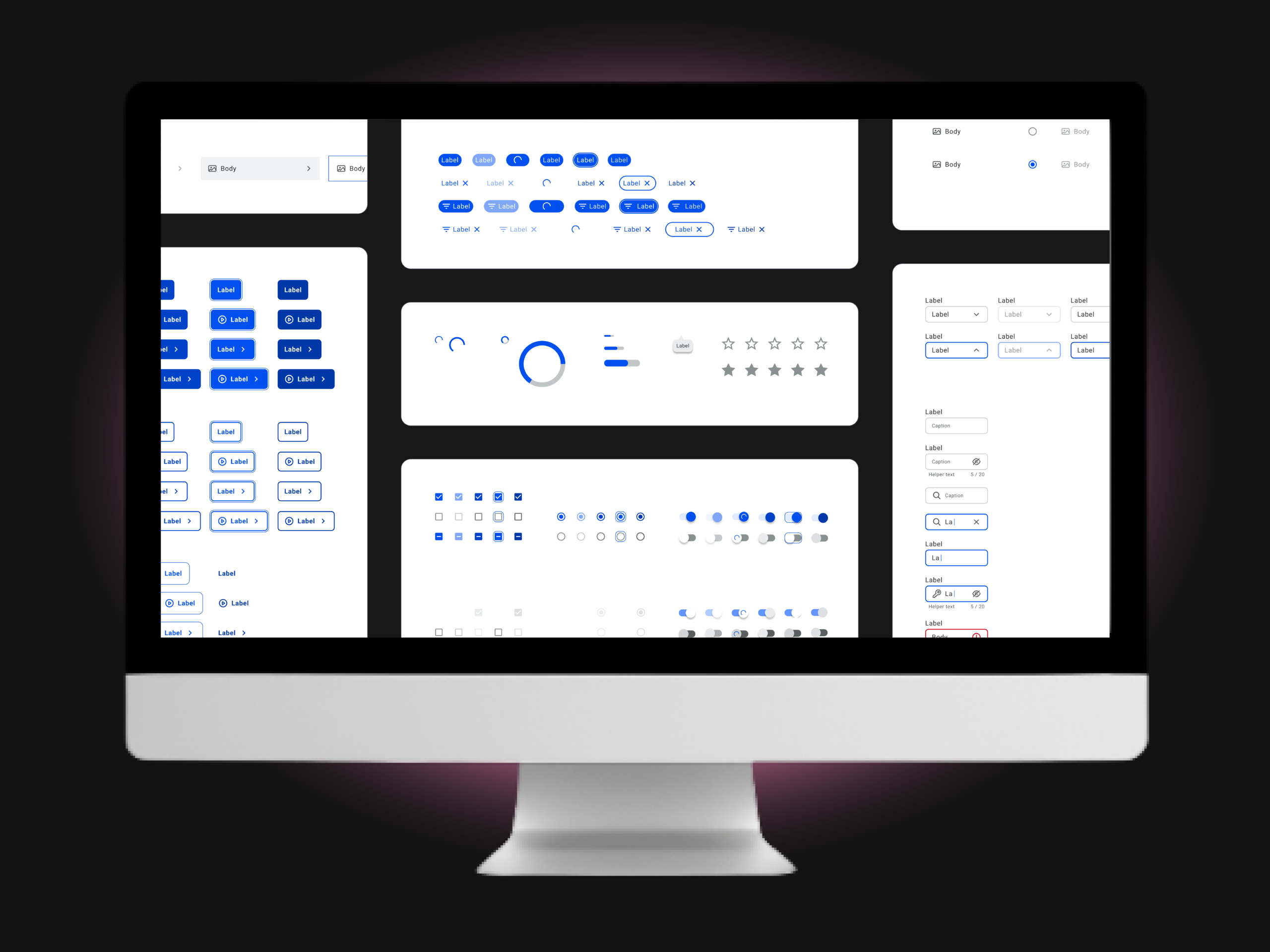 Desktop web interface mockup showcasing UI components created for a Design System, highlighting scalable and consistent product design.
