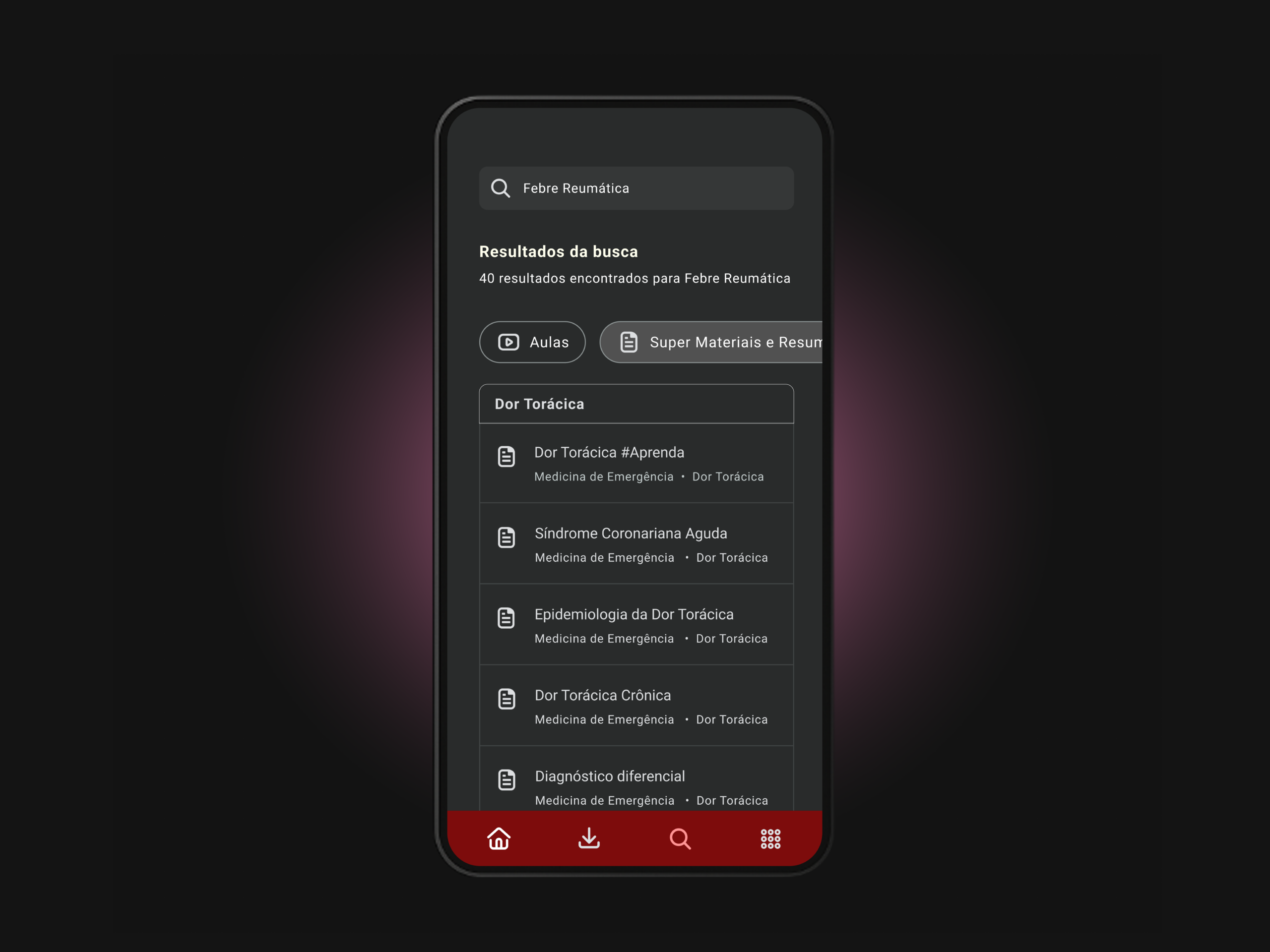 Mobile app interface showing grouped search results and filters for an educational platform, improving UX, navigation, and content findability.